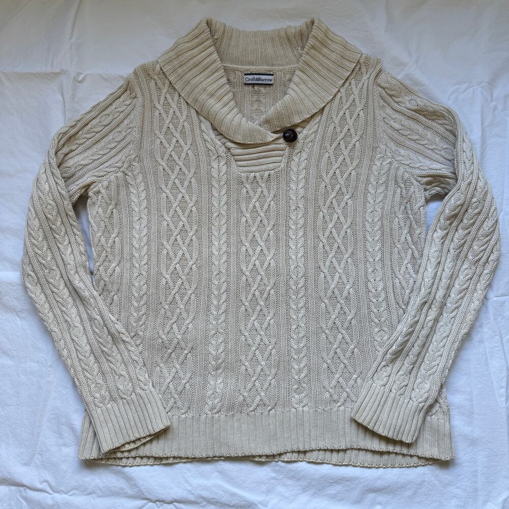 Croft & Barrow Cotton Cable Knit Cowl Neck Sweater Cream Size L Chunky Knit